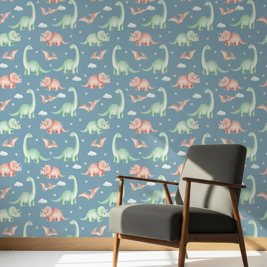 Dinosaur Kids Wallpaper, Pastel Nursery Decor, Whimsical Children Room Wall Art, Seamless Pattern Design