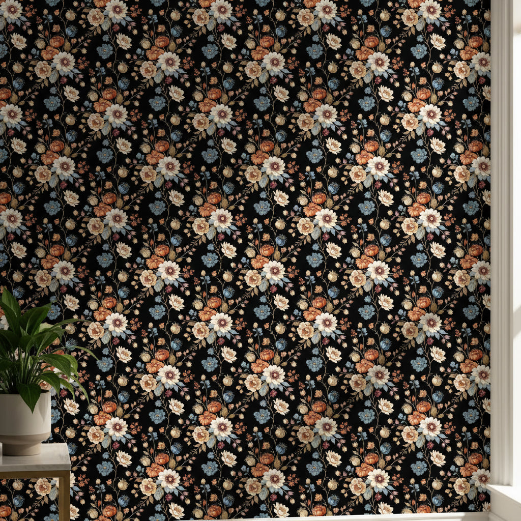 Dramatic Autumn Bloom Wallpaper, Dark Botanical Pattern, Black Floral Wall Art, Moody Victorian Home Decor Design