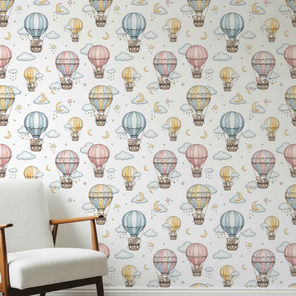 Dreamy Hot Air Balloon Wallpaper, Bear Hedgehog Sky Pattern, Nursery Cloud Decor, Kids Room Wall Art, Whimsical Animals