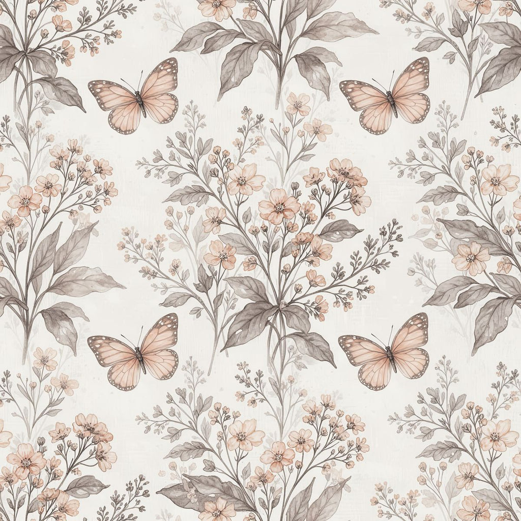 Dusty Pink Wildflower Wallpaper, Muted Botanical Seamless Pattern, Whimsical Nursery Wall Decor, Elegant Butterfly Print, Removable Wallpaper