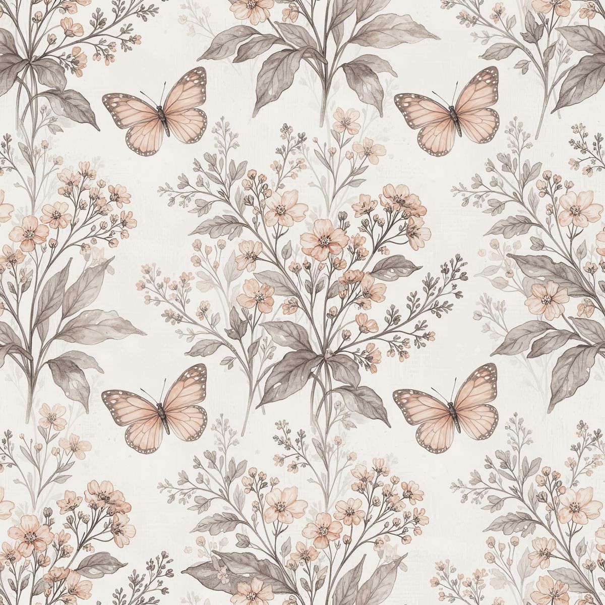 Dusty Pink Wildflower Wallpaper, Muted Botanical Seamless Pattern, Whimsical Nursery Wall Decor, Elegant Butterfly Print, Removable Wallpaper