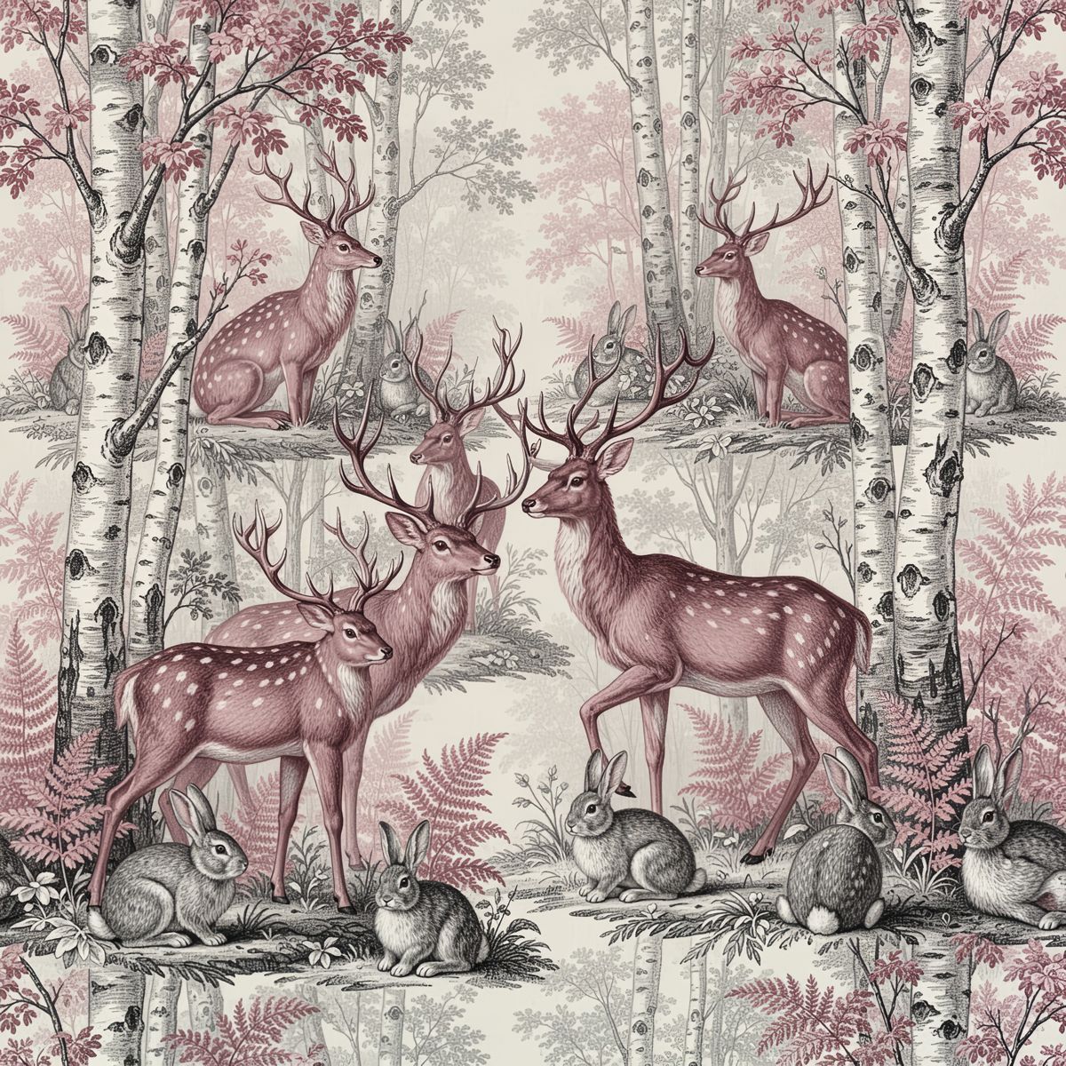 Dusty Rose Woodland Toile Wallpaper, Realistic Stag and Rabbit Seamless Pattern, Luxury Dreamy Forest Wall Art, Vintage Nature Decor
