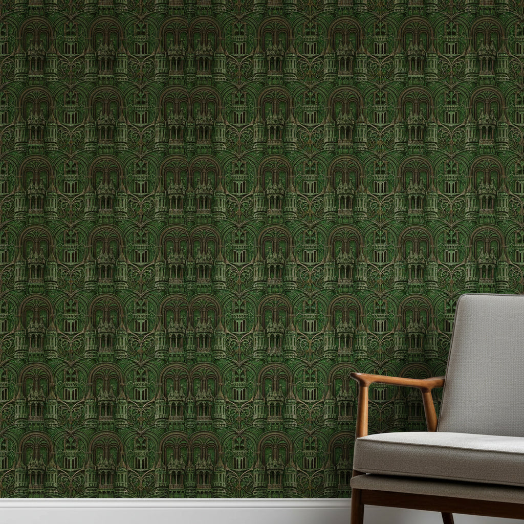 Art Nouveau Castle Tower Wallpaper, Emerald Green Bronze Pattern, Architectural Luxury Design, Modern Medieval Home Decor