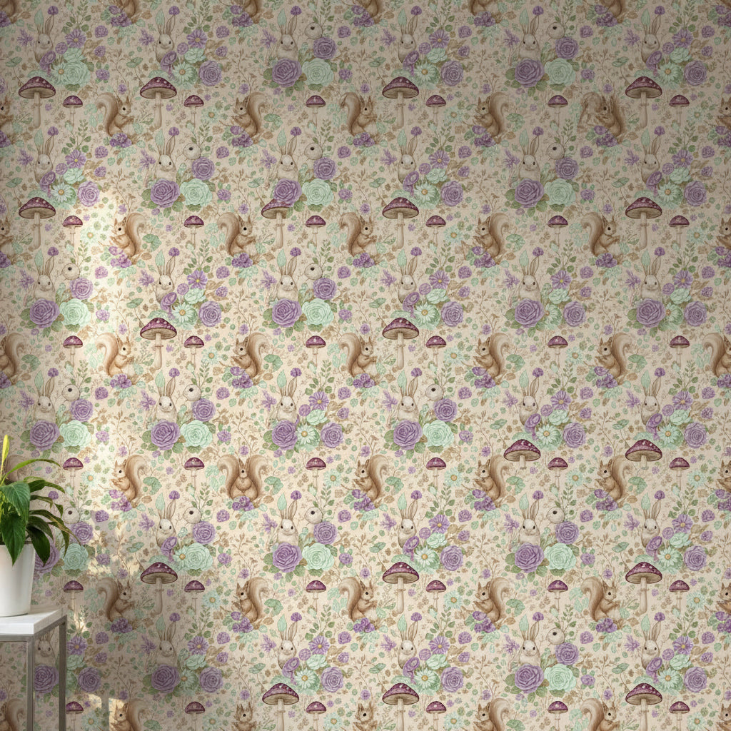 Fairy Garden Bunny Wallpaper, Purple Floral Animal Pattern, Cottage Nursery Decor, Kids Room Wall Art, Whimsical Rabbits