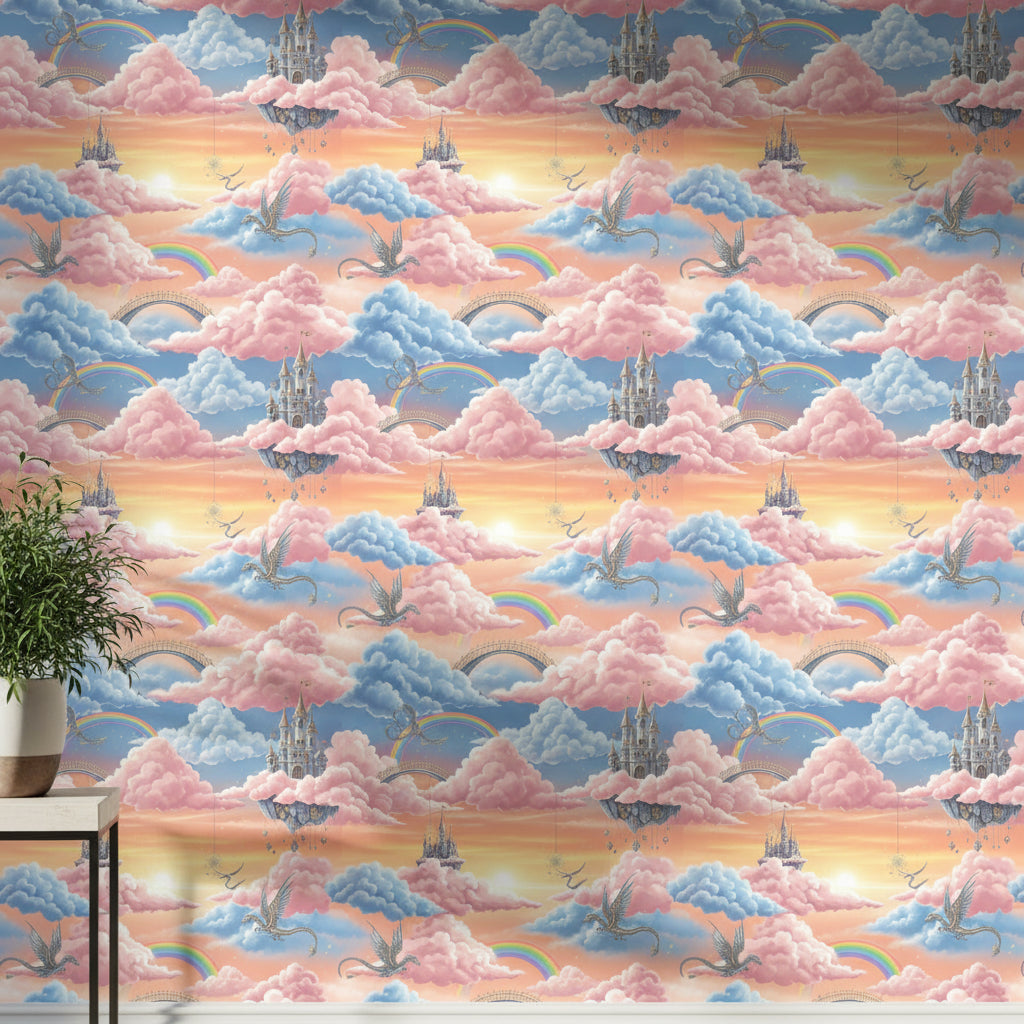 Fairy Tale Cloud Wallpaper, Dreamy Sky Pattern Design, Whimsical Nursery Decor, Magical Children Room Wall Art