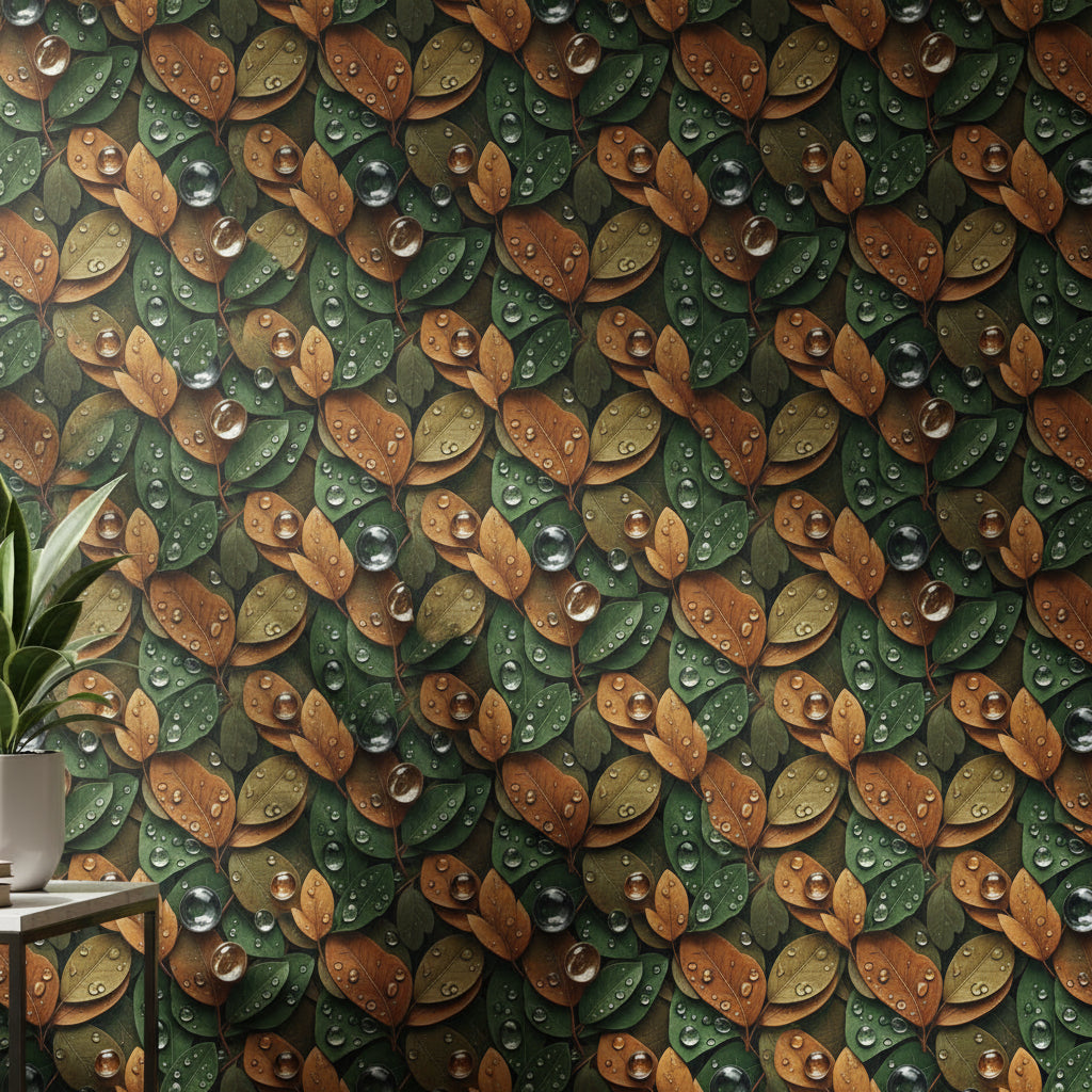 Forest Green Rain Leaf Wallpaper, Wet Botanical Pattern, Photorealistic Water Drops, Luxury Nature Wall Covering