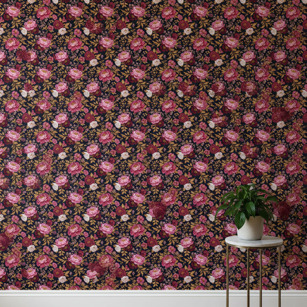 Dark Fuchsia Garden Wallpaper, Victorian Botanical Pattern, Romantic Floral Design, Luxury Peel Stick Home Decor