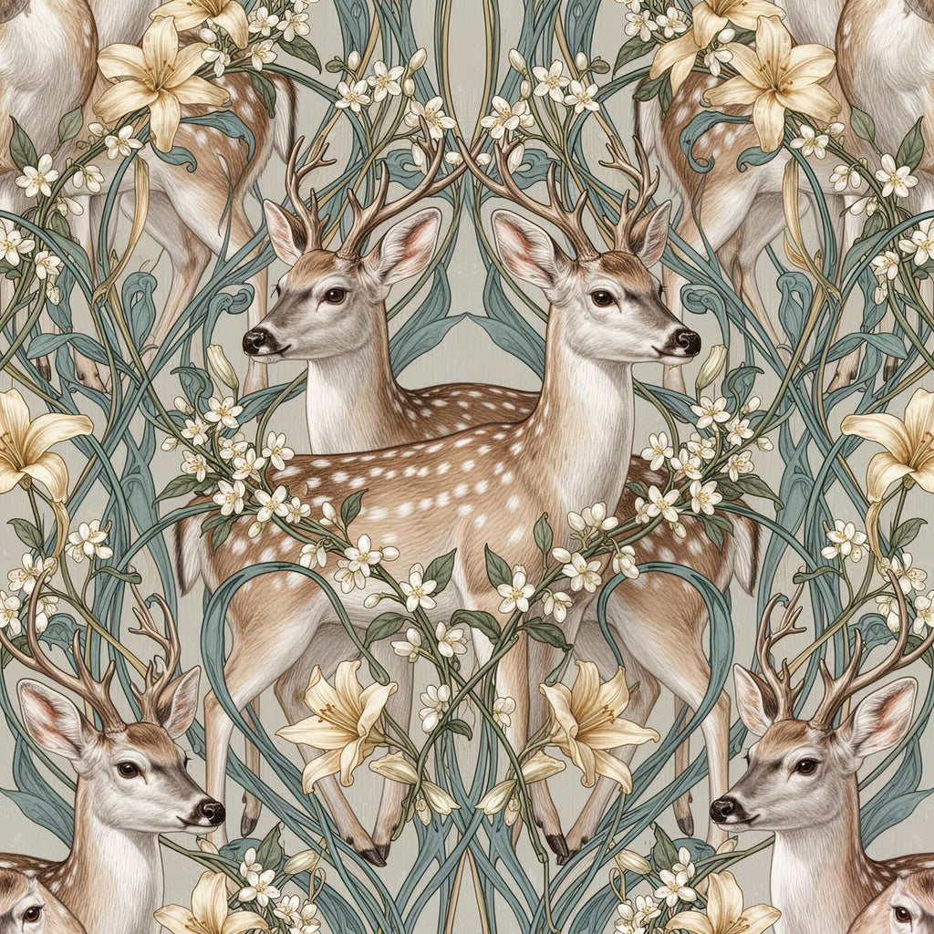 Gold Jasmine Deer Art Nouveau Wallpaper, Realistic Botanical Wildlife Pattern, Luxury Teal and Gold Wall Decor, Dreamy Floral Mural