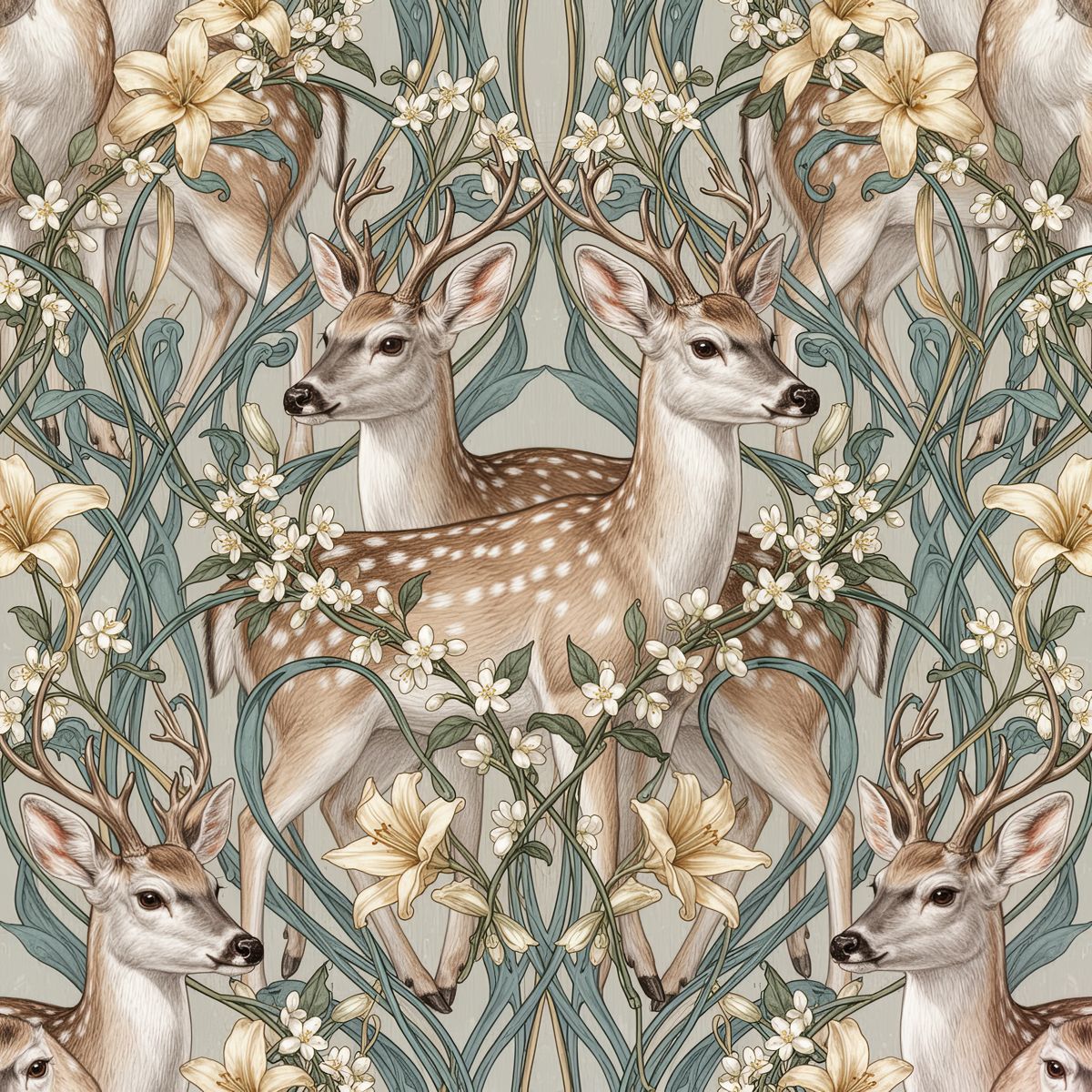 Gold Jasmine Deer Art Nouveau Wallpaper, Realistic Botanical Wildlife Pattern, Luxury Teal and Gold Wall Decor, Dreamy Floral Mural