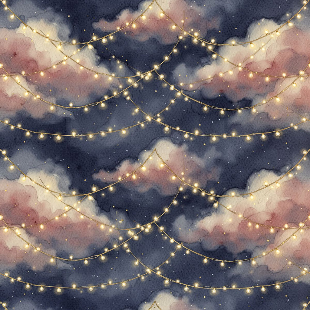 Romantic Fairy Light Wallpaper, Deep Navy Celestial Pattern, Soft Rose Clouds and Gold Stars, Luxury Bedroom Wall Decor, Seamless Print