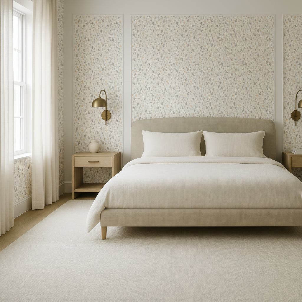 Botanical Meadow Wallpaper, Sage Grass Stems Floral Print, Watercolor Peel and Stick, Scandinavian Style Bedroom Wall