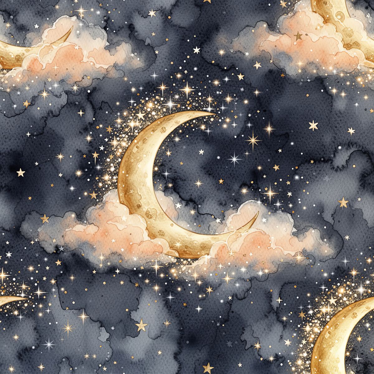 Crescent Moon Watercolor Wallpaper, Dreamy Indigo and Peach Night Sky, Whimsical Starry Pattern, High End Home Decor, Realistic Texture