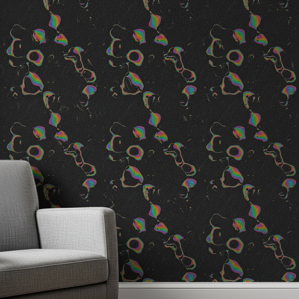Iridescent Asphalt Rain Wallpaper, Oil Slick Rainbow Pattern, Abstract Wet Street Design, Modern Luxury Wall Covering