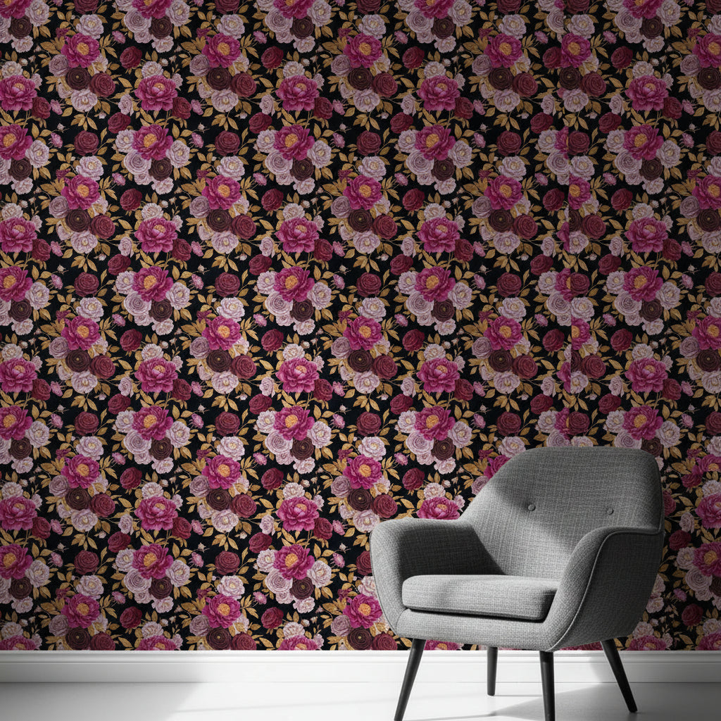 Dark Romantic Floral Wallpaper, Magenta Peony Pattern, Victorian Botanical Design, Luxury Peel Stick Wall Decor