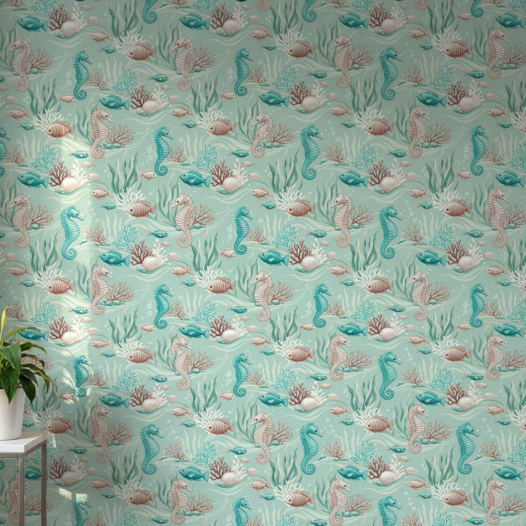 Underwater Seahorse Wallpaper, Ocean Fish Pattern, Aqua Marine Nursery Decor, Kids Room Wall Art, Cute Sea Animals