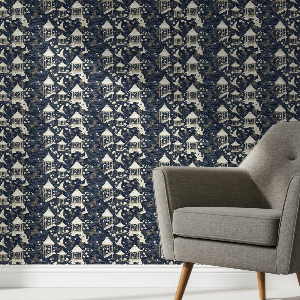 Midnight Blue Chinoiserie, Gold Asian Wallpaper, Oriental Pagoda Pattern, Luxury Eastern Design, Seamless Cultural Wall Art