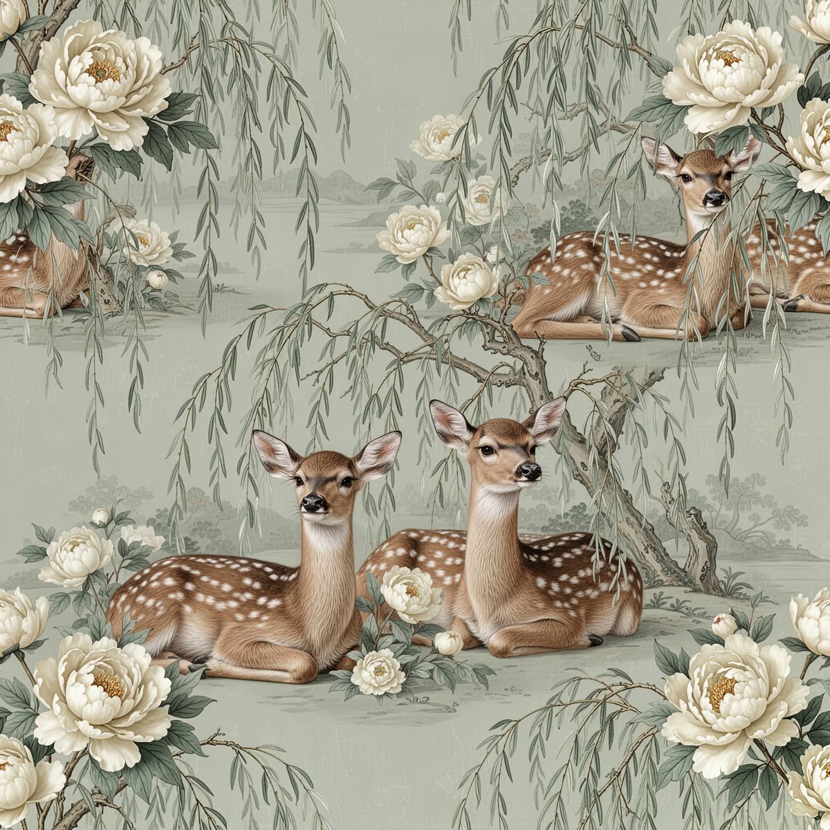 Misty Sage Fawn Chinoiserie Wallpaper, Realistic Deer and Peony Seamless Pattern, Luxury Dreamy Wildlife Mural, Soft Green Nursery Decor