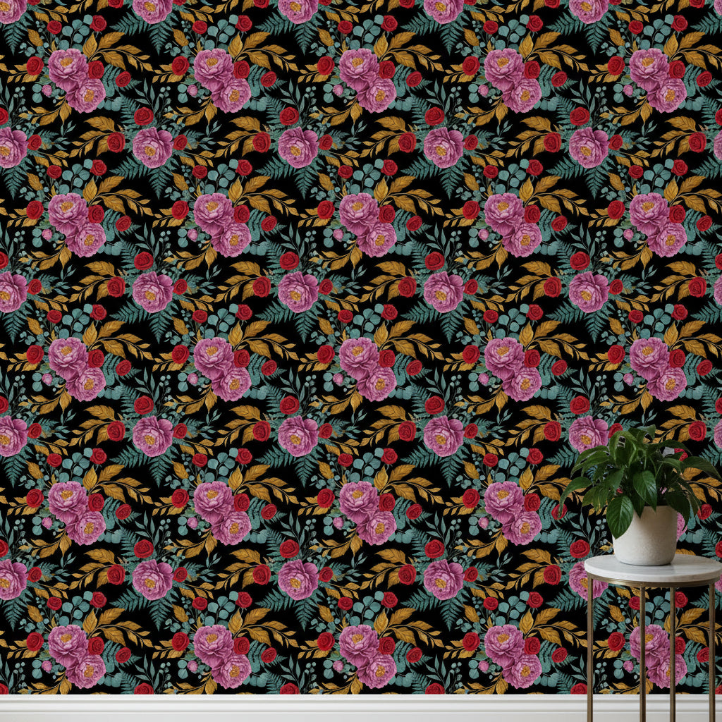 Moody Floral Luxury Wallpaper, Dark Botanical Pattern, Magenta Peony Design, Victorian Romance Home Decor Art