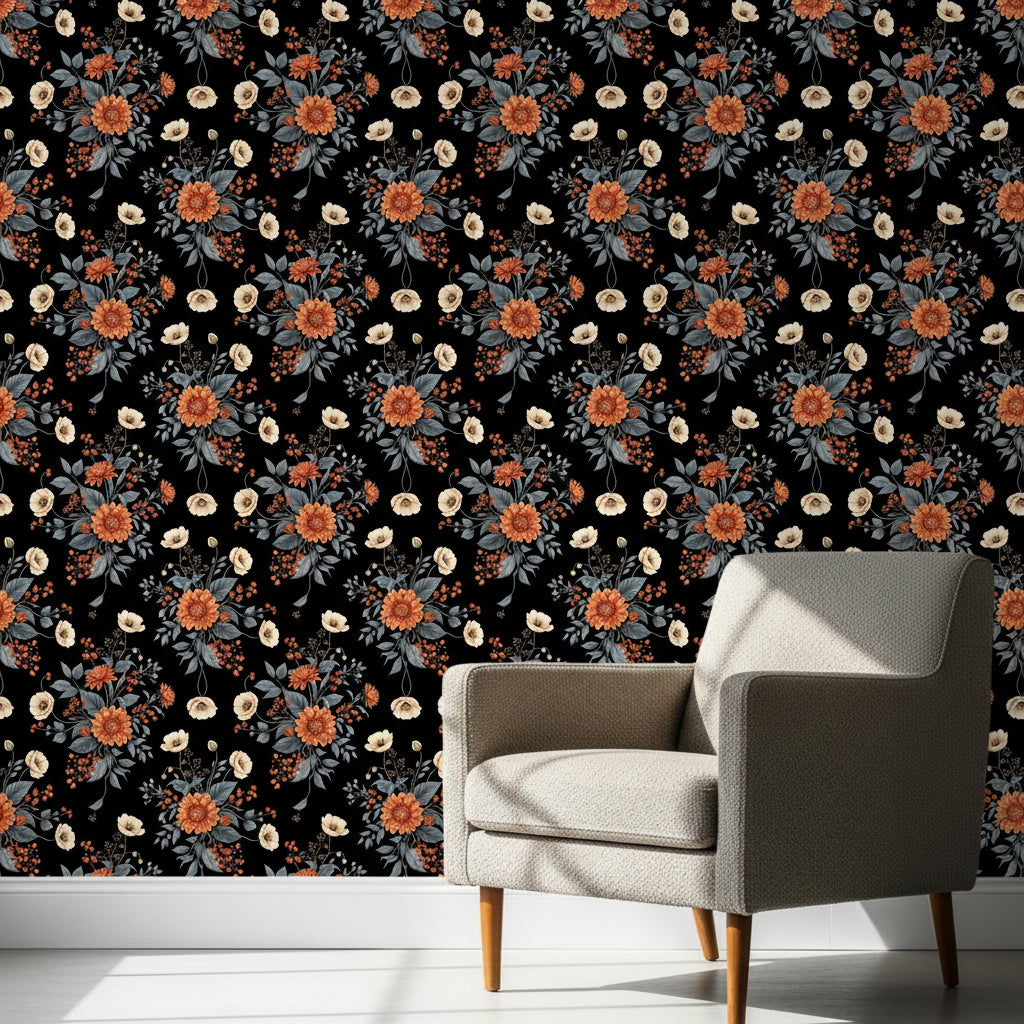 Moody Victorian Dahlia Wallpaper, Dark Botanical Pattern, Black Floral Decor, Romantic Arts & Crafts Wall Art Design