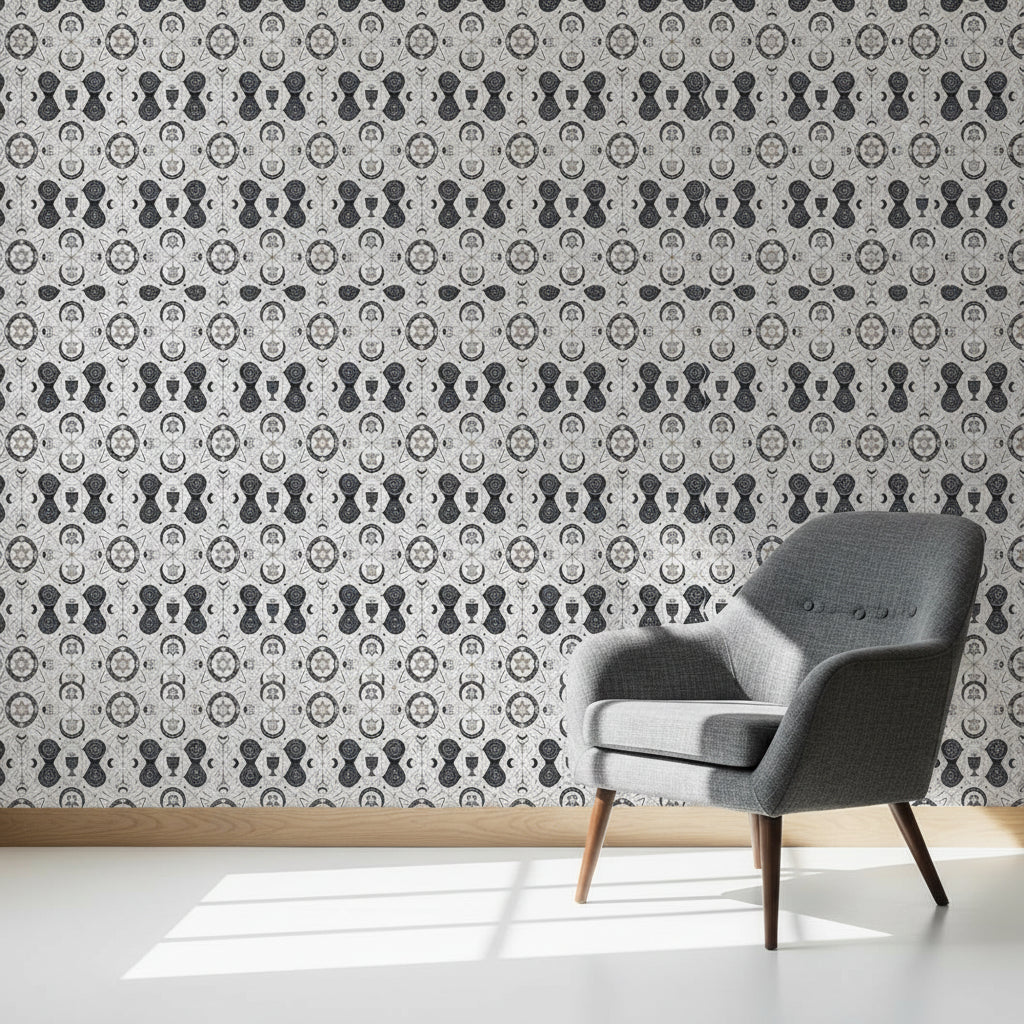 Mystical Geometric Wallpaper, Navy Copper Art Nouveau Pattern, Celestial Moon Star Design, Modern Gothic Home Decor