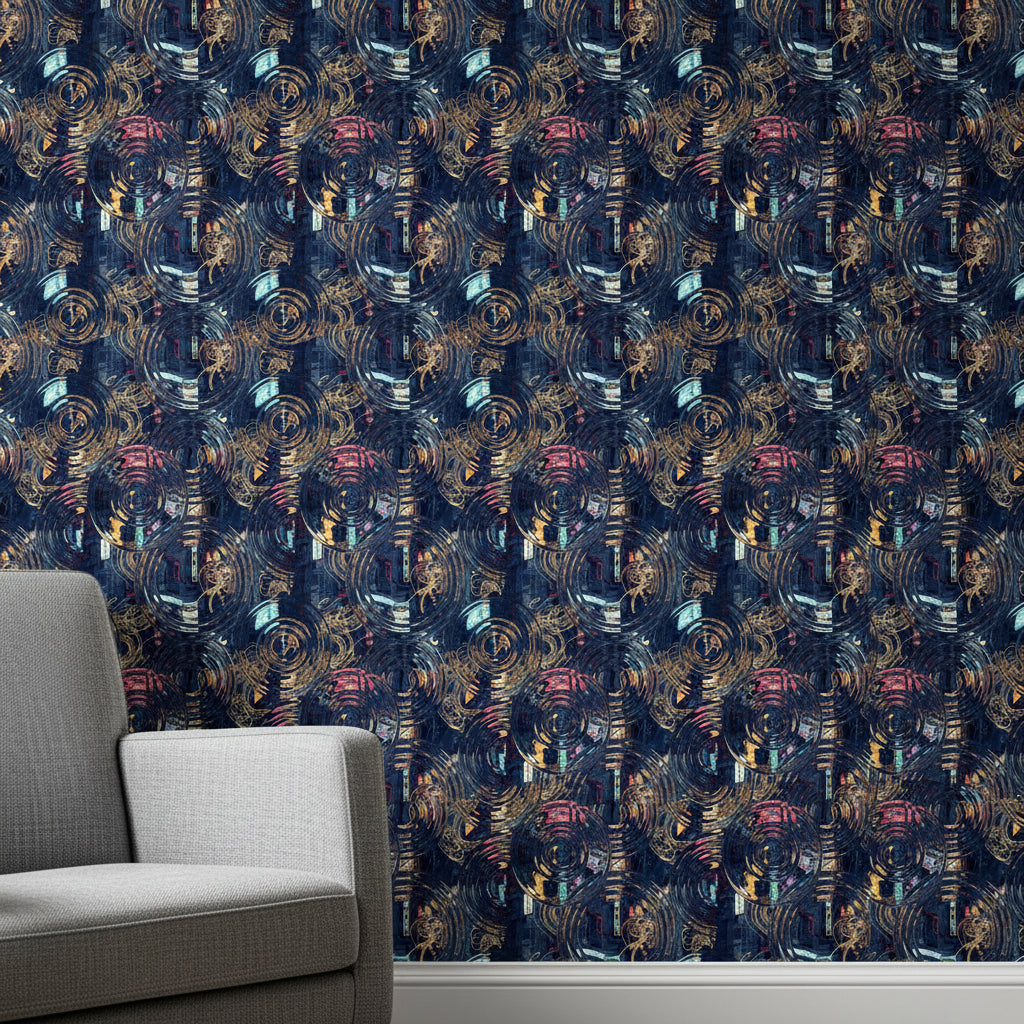 Navy Blue Puddle Reflection Wallpaper, Stormy Water Pattern, Art Nouveau Rain Design, Luxury Peel and Stick Wall Decor