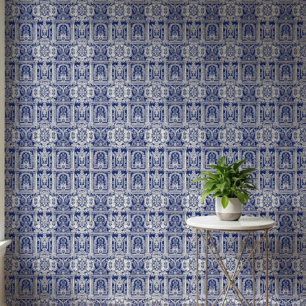 Baroque Castle Rose Wallpaper, Navy Blue Silver Floral Pattern, Renaissance Luxury Design, Royal Home Decor, Premium Wall Art
