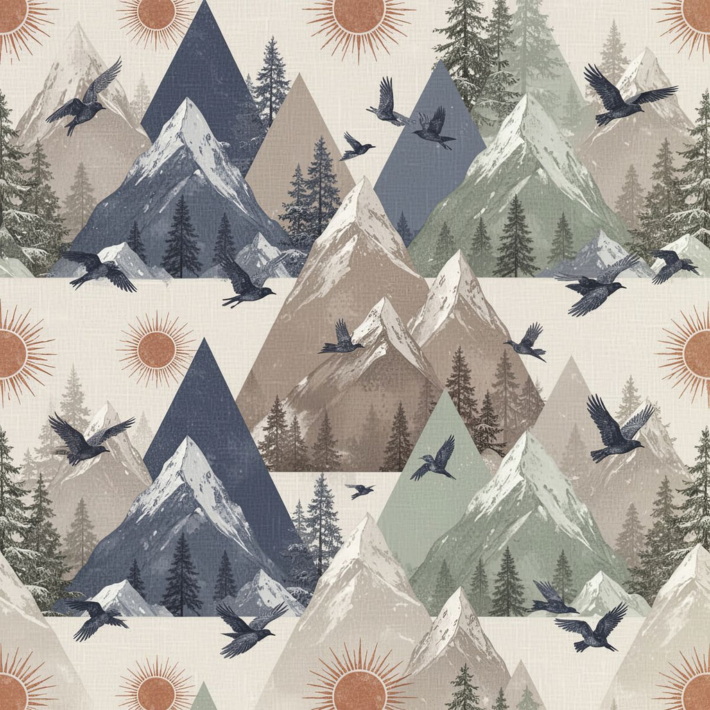 Scandinavian Mountain Wallpaper, Nordic Nursery Wall Mural, Slate Blue and Sage Green Seamless Pattern, Modern Kids Room Decor