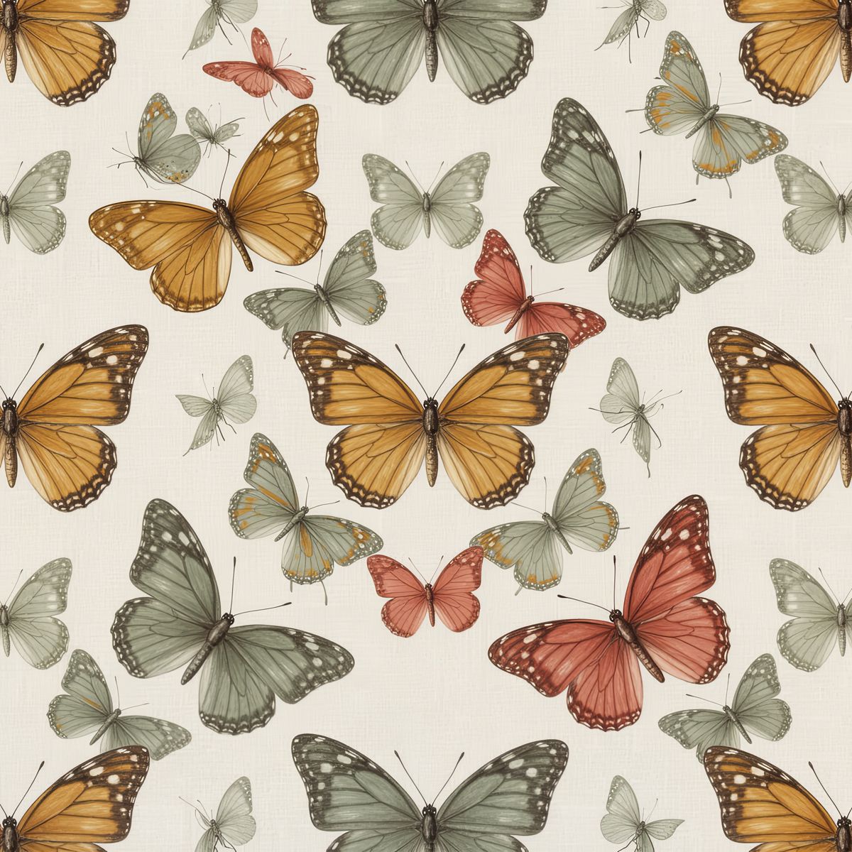 Vintage Lepidoptera Wallpaper, Terracotta and Mustard Butterfly Decor, Cream Seamless Pattern, Professional Grade Wall Covering