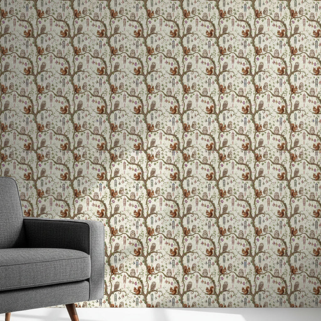 Owl Branch Music Wallpaper, Baby Animals Nursery Pattern, Rose Gray Woodland Decor, Kids Room Peel and Stick Wall Art