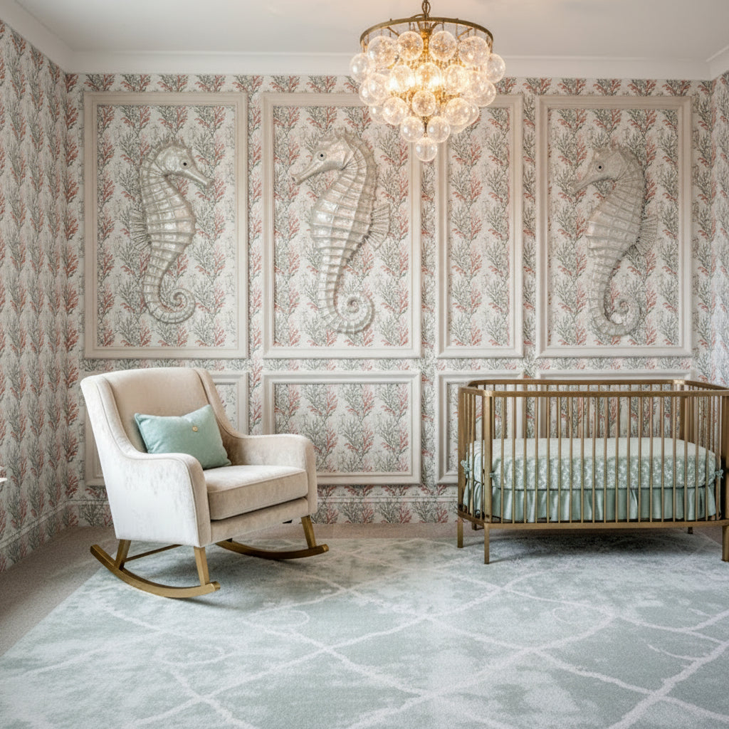 Pearl Seahorse Chinoiserie Wallpaper, Realistic Sea Life Wall Decor, Luxury Nursery Peel and Stick, Nautical Kids Room, Coastal Home Art