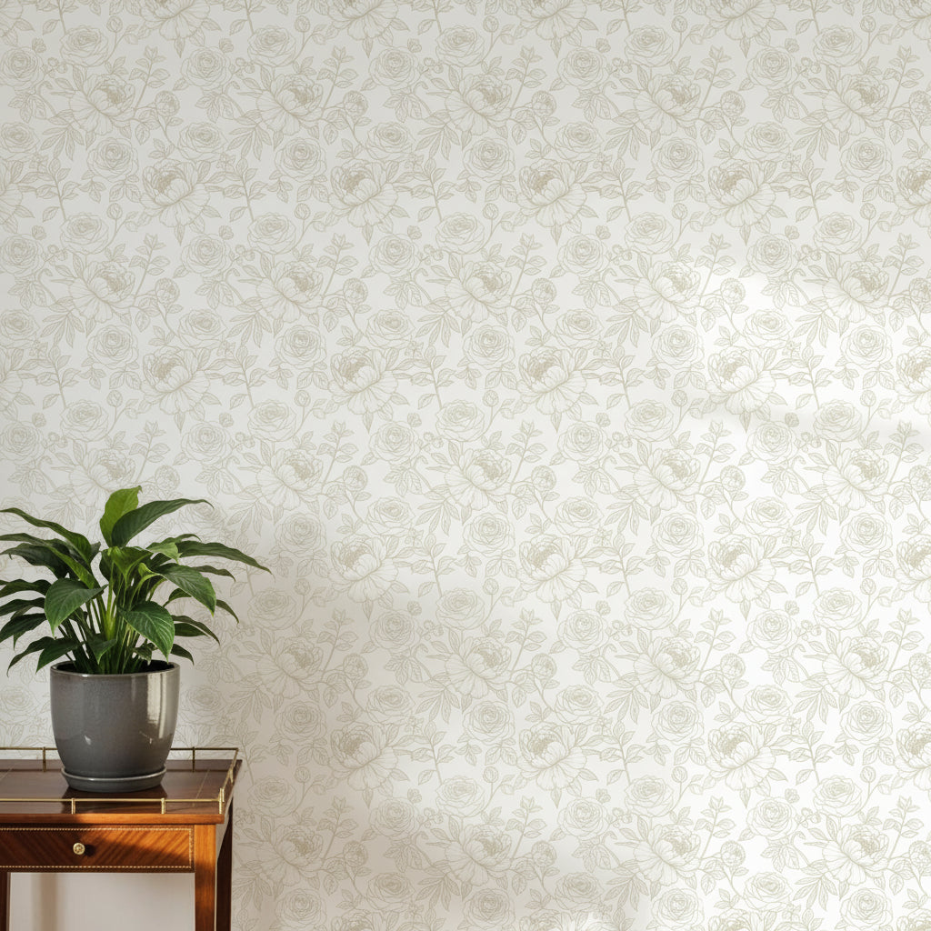 Romantic Floral Wallpaper, Gold Rose Pattern, Large Botanical Design, Luxury Wall Art, Contemporary Home Decor