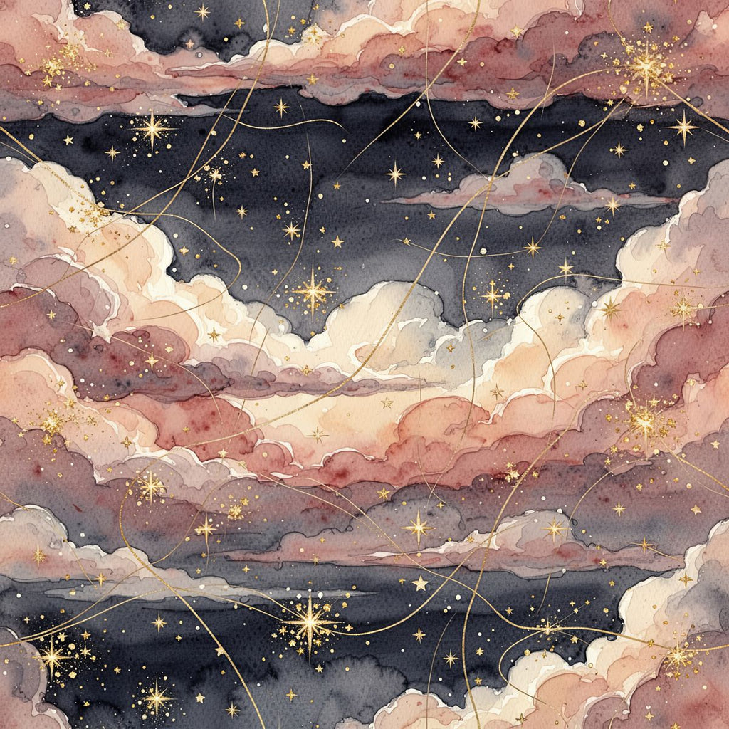 Ethereal Rose Cloud Wallpaper, Celestial Gold String Lights, Navy Blue Night Sky Mural, Luxury Nursery Wall Art, Seamless Watercolor Design