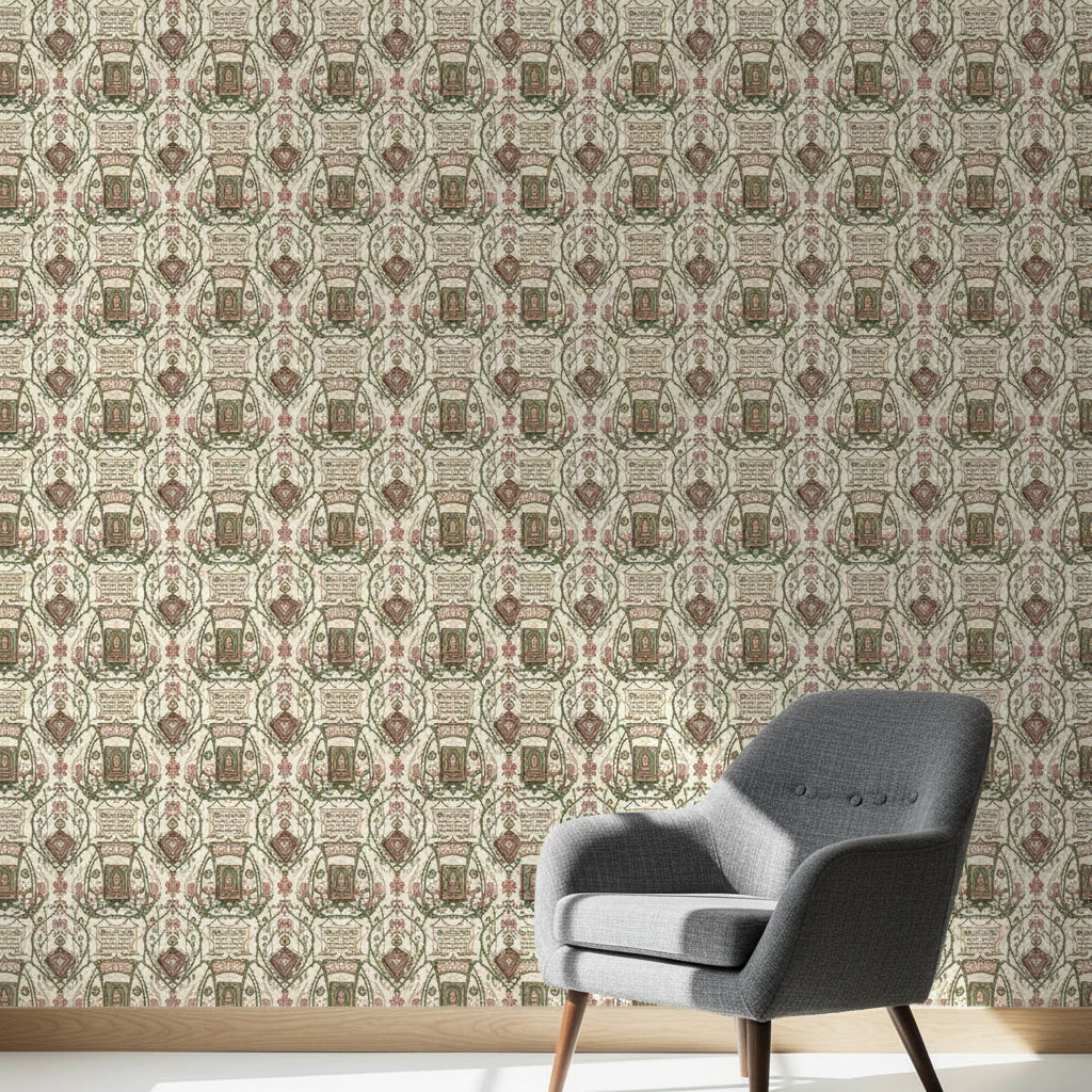 Romantic Botanical Wallpaper, Rose Pink Sage Green Pattern, Vintage Spell Book Design, Cottagecore Peel and Stick
