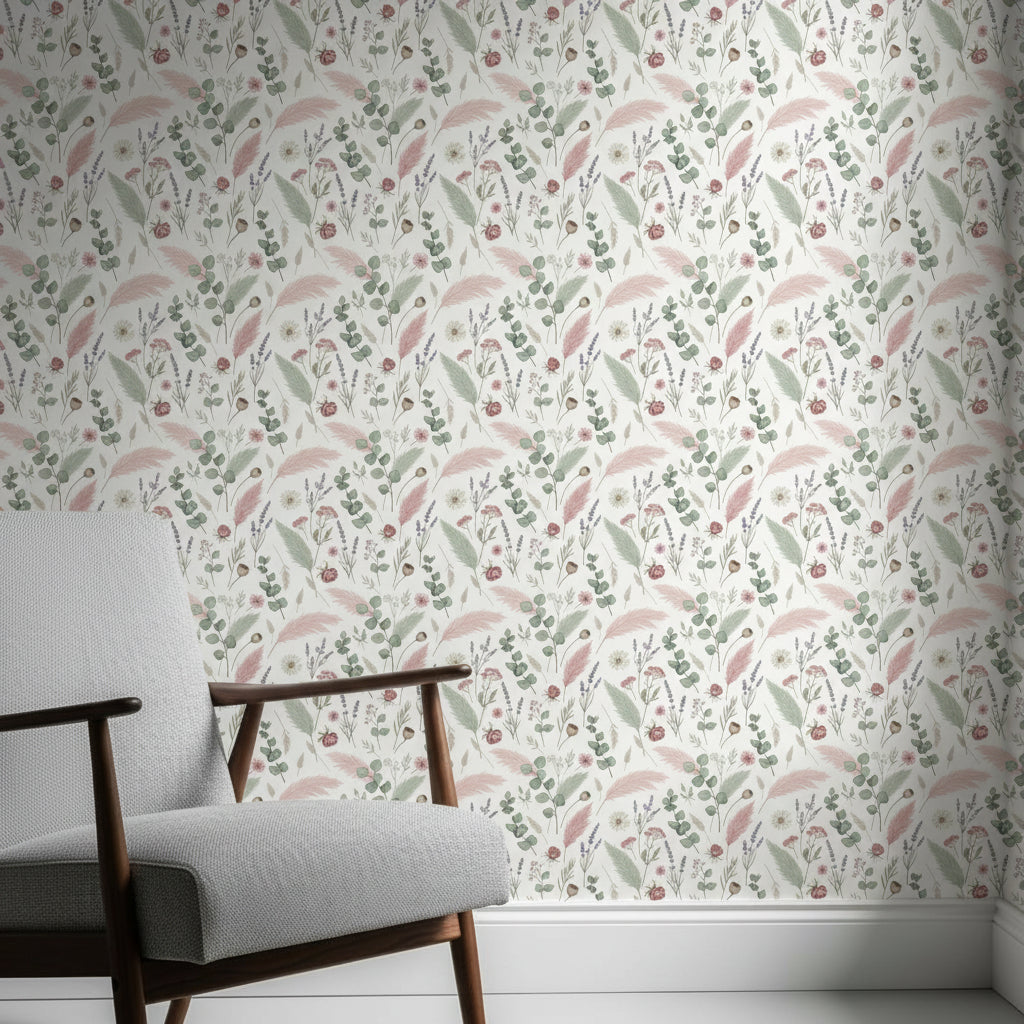Sage Green Botanical Wallpaper, Eucalyptus Pattern, Boho Nature Design, Peel and Stick Wall Decor, Modern Nursery Art