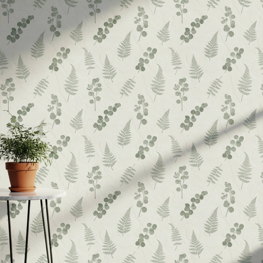 Botanical Plaster Wallpaper, Sage Green Leaf Pattern, Nature Inspired Luxury Wall Art, Modern Textured Home Decor