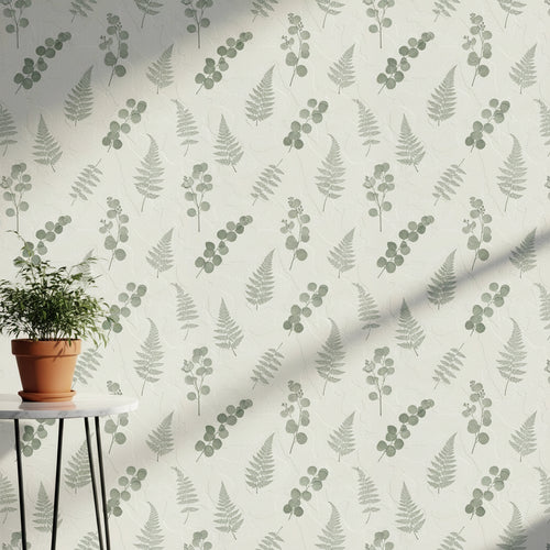 Botanical Plaster Wallpaper, Sage Green Leaf Pattern, Nature Inspired Luxury Wall Art, Modern Textured Home Decor