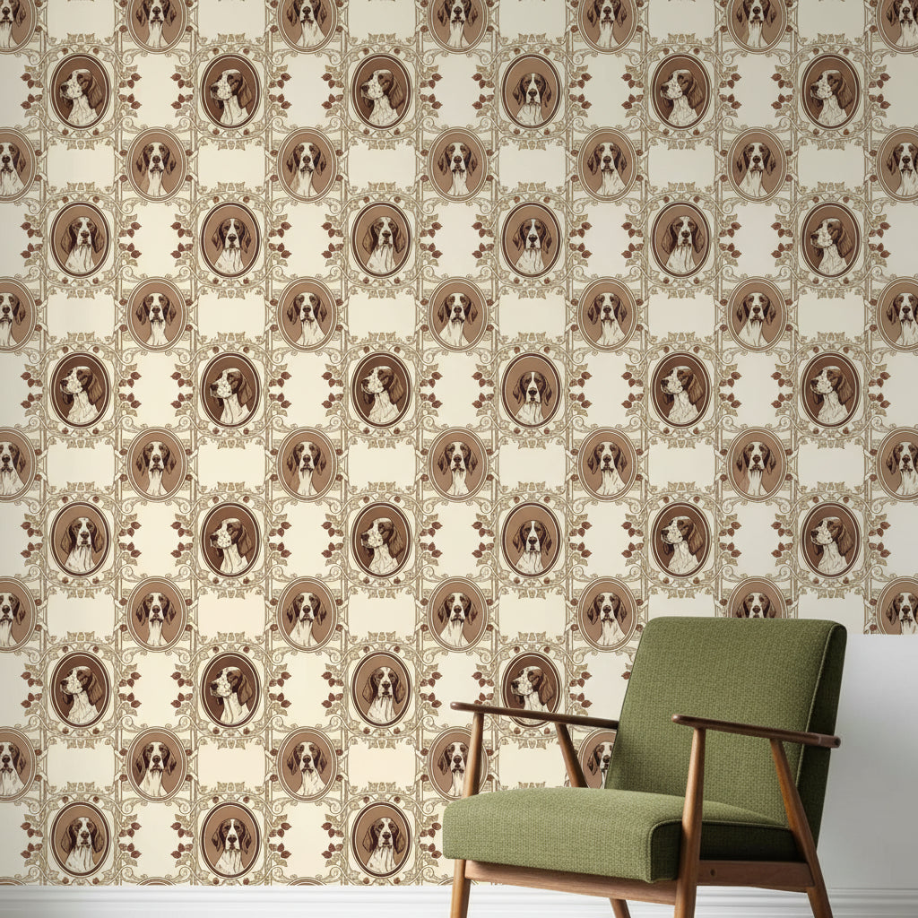 Vintage Dog Portrait Wallpaper, Sepia Brown Hunting Dogs, Classic English Setter Pattern, Luxury Peel Stick Wall Decor