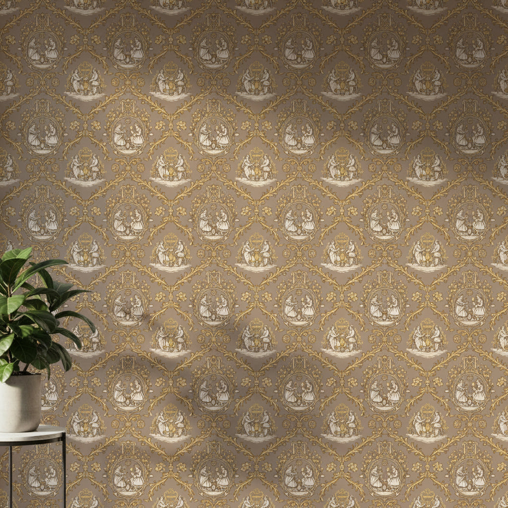 French Toile Love Wallpaper, Sepia Brown Romantic Pattern, Vintage Courtly Scenes Design, Classic Peel and Stick