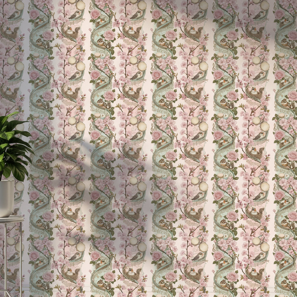 Songbird Music Wallpaper, Baby Animals Cherry Blossom Pattern, Pink Green Nursery Decor, Kids Room Art Nouveau Wall Art