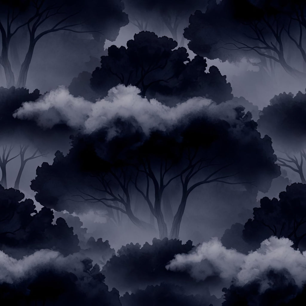 Stormy Woodland Wallpaper, Abstract Navy Blue Forest Pattern, Painterly Tree Design, Dark Moody Home Decor Wall Art