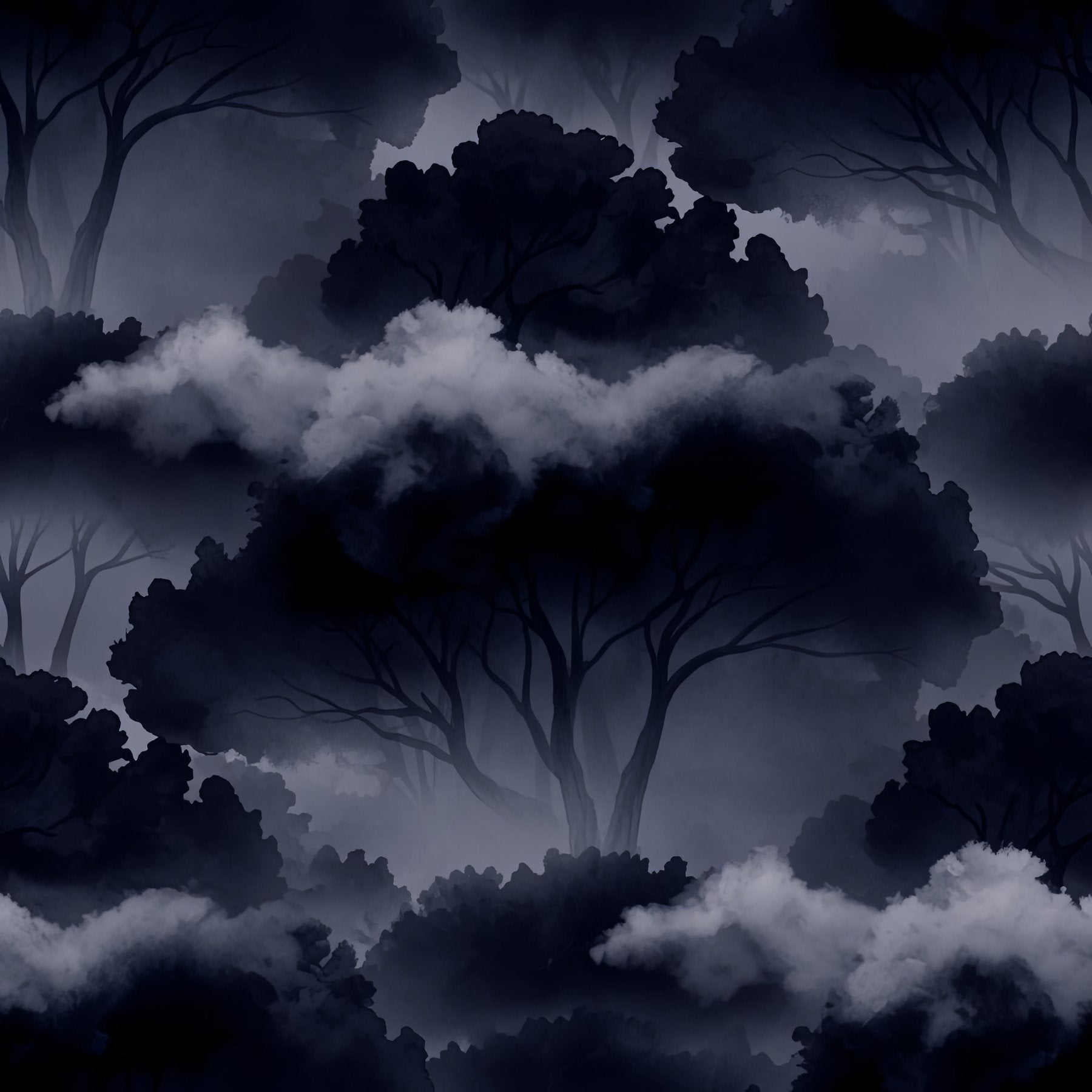 Stormy Woodland Wallpaper, Abstract Navy Blue Forest Pattern, Painterly Tree Design, Dark Moody Home Decor Wall Art