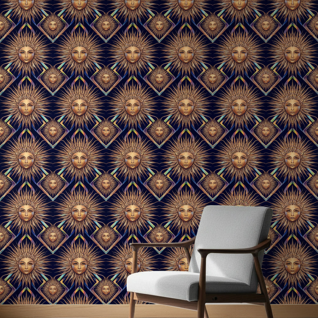 Sun Goddess Nouveau Wallpaper – Moody Abstract Plaster Mural, Bold and Sunny Wall Art, Modern Organic Textured Decor