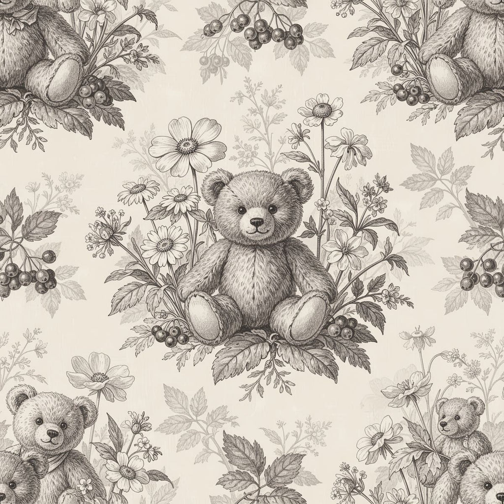 Serene Sepia Forest Bear Wallpaper, Vintage Toile de Jouy Nursery, Honey Jar and Berry Pattern, Luxury Cream Wallpaper, Classic Baby Room