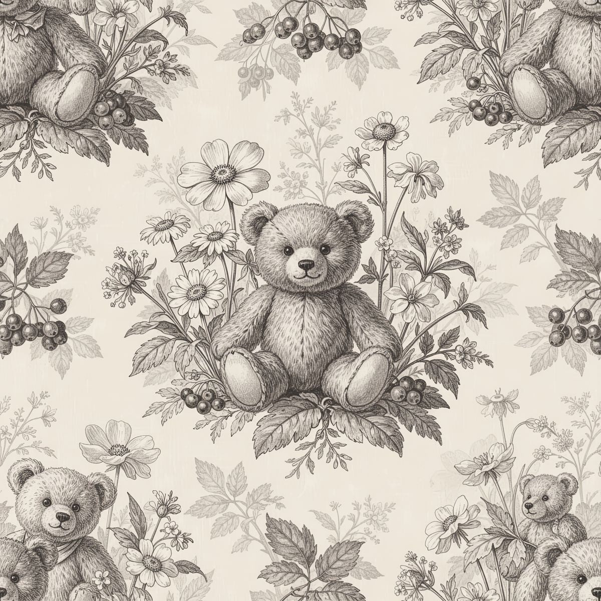 Serene Sepia Forest Bear Wallpaper, Vintage Toile de Jouy Nursery, Honey Jar and Berry Pattern, Luxury Cream Wallpaper, Classic Baby Room