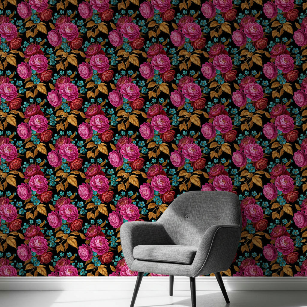 Victorian Dark Botanical Wallpaper, Dramatic Floral Pattern, Burgundy Rose Design, Moody Luxury Home Decor Art