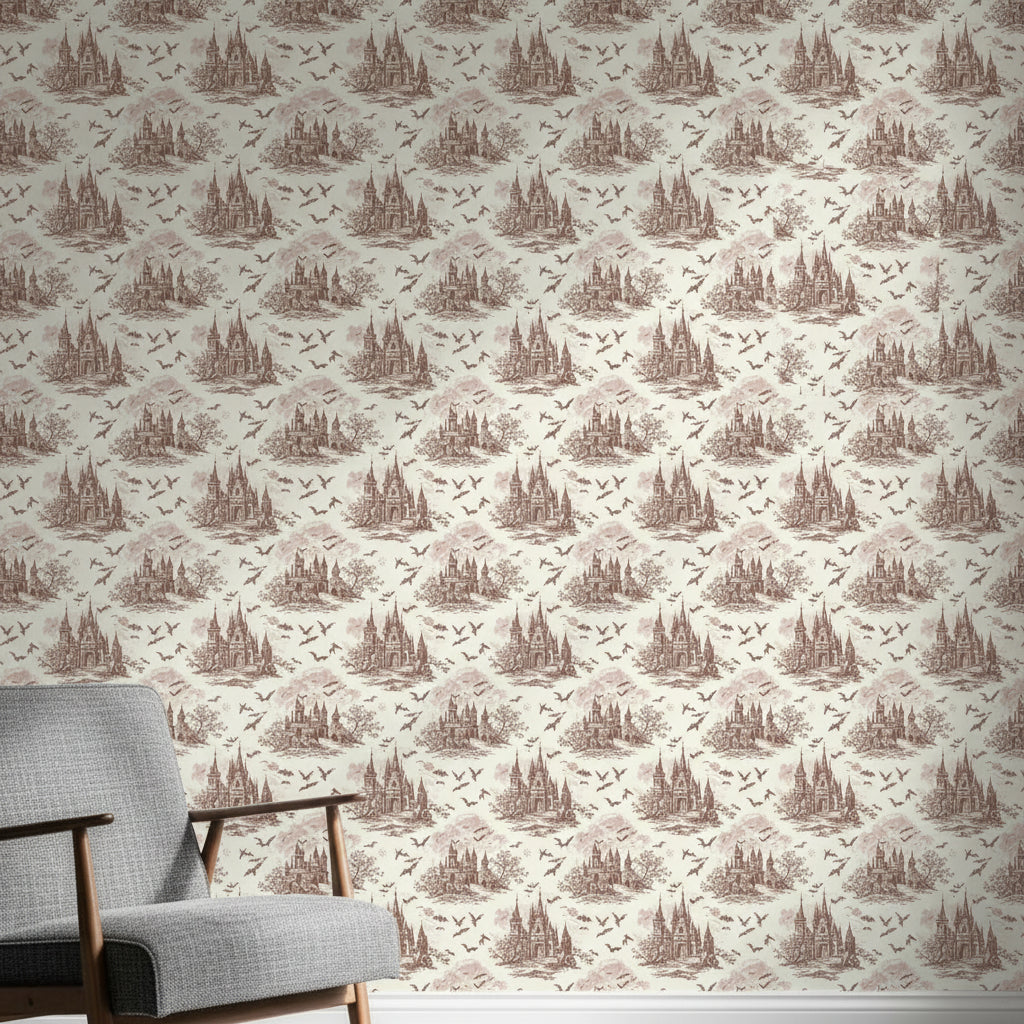 Victorian Gothic Toile Wallpaper, Sepia Castle Bat Pattern, Vintage Style Peel Stick, Classical Home Decor Wall Art
