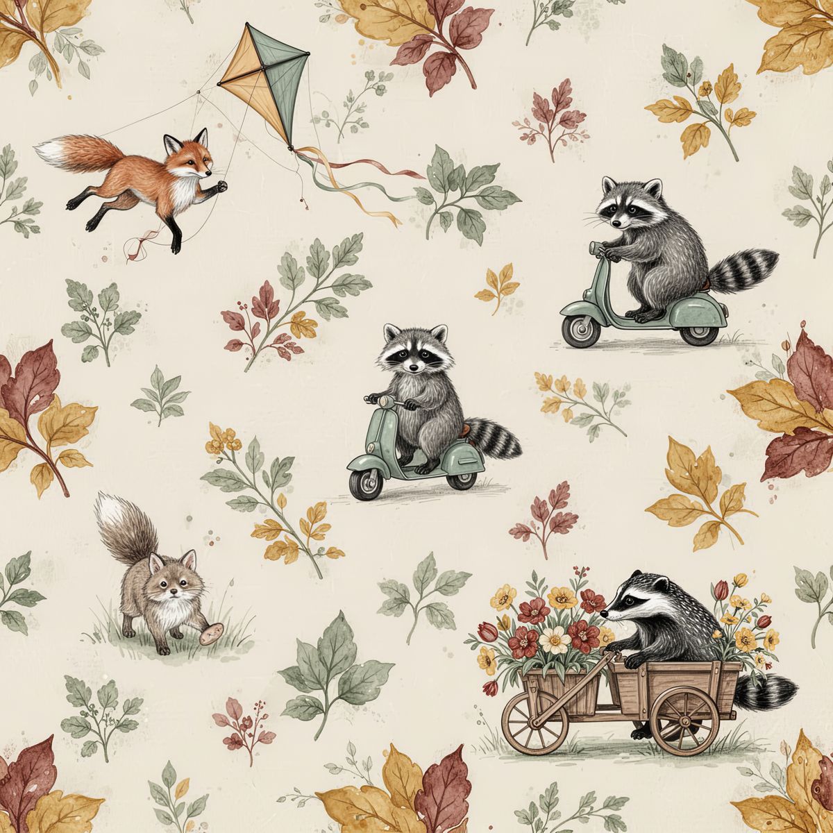 Vintage Woodland Animal Wallpaper, Cream Storybook Nursery Decor, Hand Painted Seamless Pattern, Luxury Peel and Stick, Neutral Kids Room