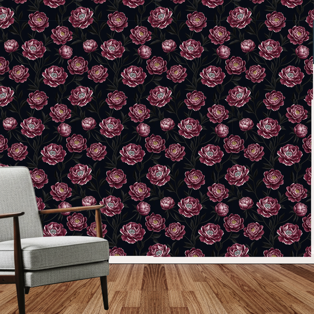 Dark Burgundy Peony Wallpaper, Navy Floral Pattern, Large Scale Botanical Design, Luxury Peel Stick, Dramatic Home Decor