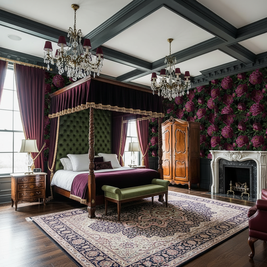 Dark Romantic Peony Wallpaper, Magenta Floral Pattern, Baroque Style Removable Wallpaper, Luxury Home Decor, Moody Maximalist