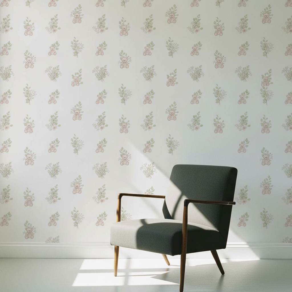 Blush Pink Teddy Bear Wallpaper, Botanical Nursery Pattern, Cream Baby Room Decor, Soft Neutral Seamless Design